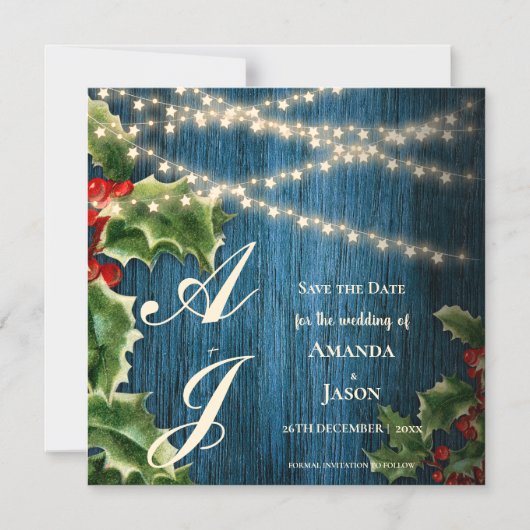 Blauw Houten Monogram Kerstmishuwelijk sparen de d Magnetische Uitnodiging (Voorkant)