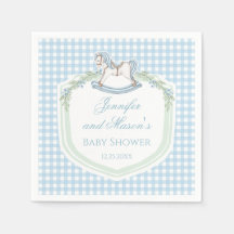 Blauw houten paard gingham crest baby boy douche