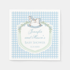 Blauw houten paard gingham crest baby boy douche servet