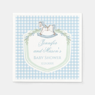 Blauw houten paard gingham crest baby boy douche servet