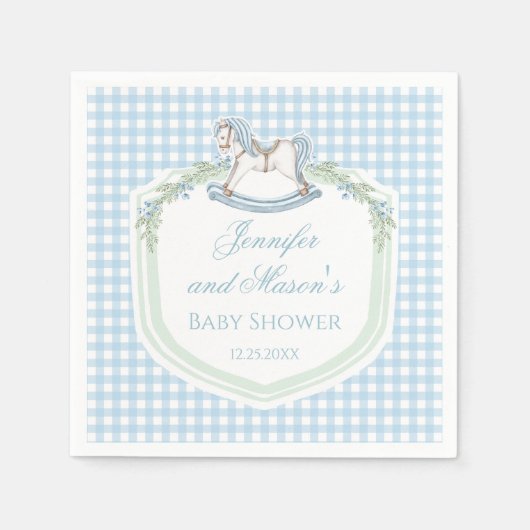 Blauw houten paard gingham crest baby boy douche servet (Voorkant)