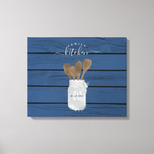 Blauw Houten Potlepel Familie Keukendecoratie Rust Canvas Afdruk (Voorkant)