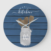 Blauw Houten Potlepel Familie Keukendecoratie Rust Grote Klok (Voorkant)