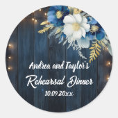 Blauw Houten Rustieke Witte Bloemen Probedineren Ronde Sticker (Voorkant)