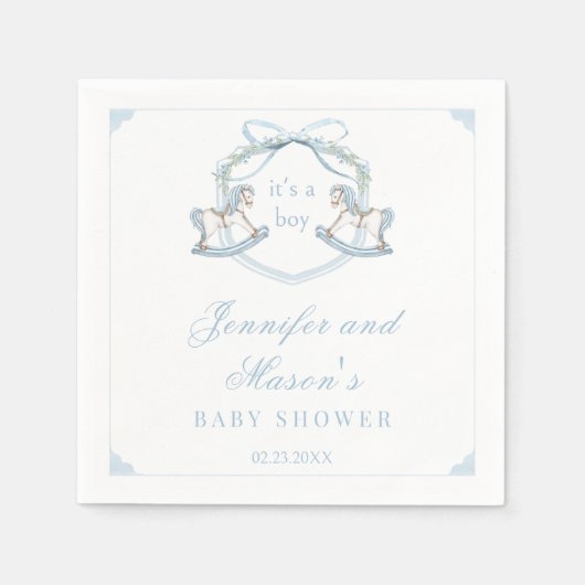 Blauw houten schommelend paard kuif baby jongen do servet (Voorkant)