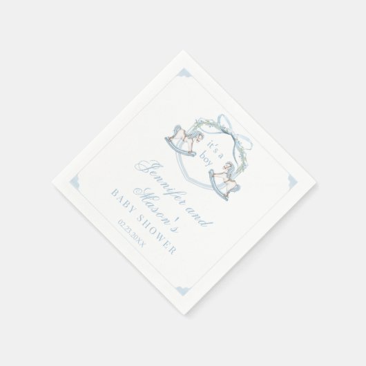 Blauw houten schommelend paard kuif baby jongen do servet (Hoek)