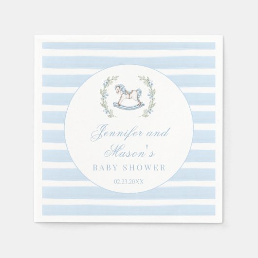 Blauw houten schommelpaard boho baby boy douche servet (Voorkant)