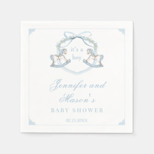 Blauw houten schommelpaard wapenschild baby jongen servet