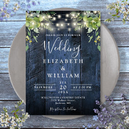 Blauw houten schuur snoer lichten groen wedding kaart