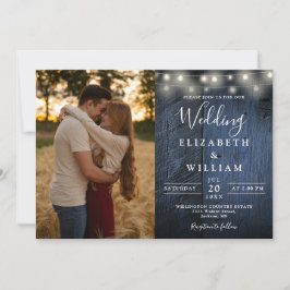 Blauw houten schuur string lichten Trouwfoto Kaart