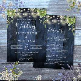 Blauw houten slingerlicht groene details trouw kaart