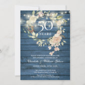 Blauw Houten Slingerlichten Bloem 50ste Verjaardag Kaart (Voorkant)