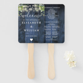 Blauw Houten Slingerlichten Groene Huwelijksprogra Handwaaier