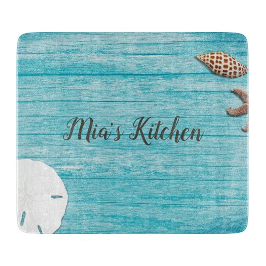 Blauw Houten Zeeschelpen Aangepaste Tekst Snijplank (Voorkant)