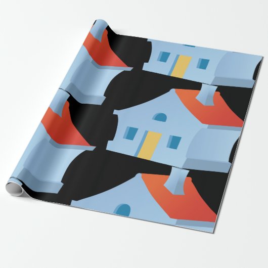 Blauw huis cadeaupapier (Uitgerold)
