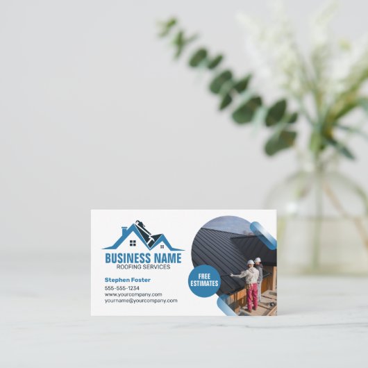 Blauw huis dakbedekking constructie dakspanen visitekaartje (Staand voorkant)