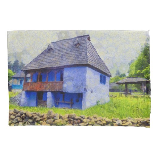 Blauw huis schilderen kussensloop (Voorkant)