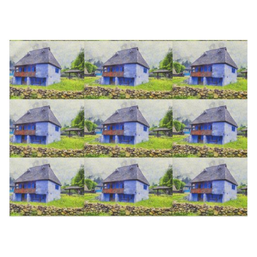 Blauw huis schilderen tafelkleed (Voorkant (Horizontaal))