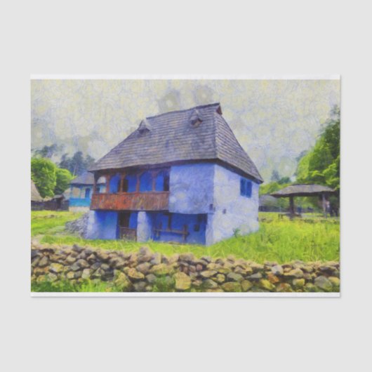 Blauw huis schilderen tissuepapier (Voorkant)
