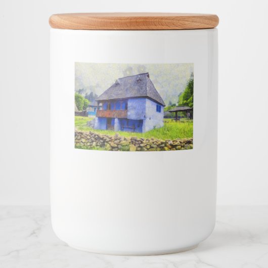 Blauw huis schilderen voedselcontainer etiket (Voorkant)