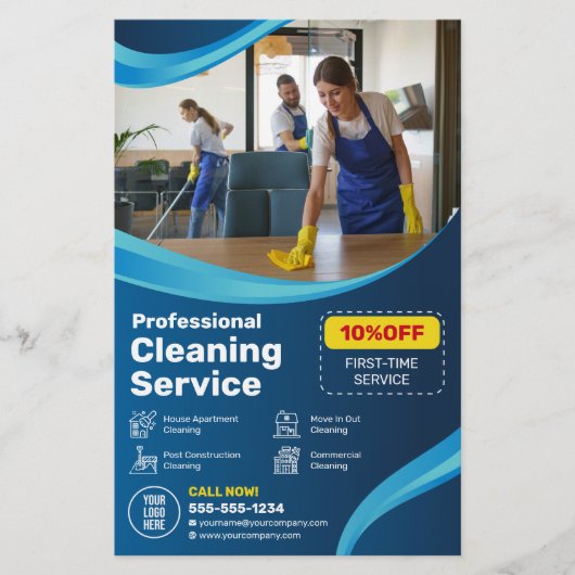 Blauw Huis Schoonmaak Huishoudster Janitorial Maid Flyer (Voorkant)