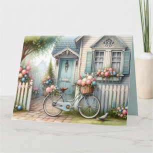 Blauw huisfiets met lentebloemenmand kaart