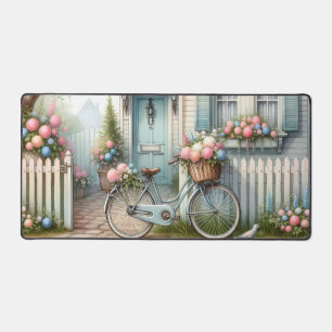 Blauw huisfiets met mand met lentebloemen bureaumat