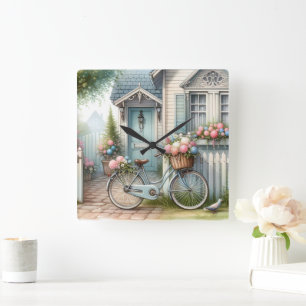 Blauw huisfiets met mand met lentebloemen vierkante klok