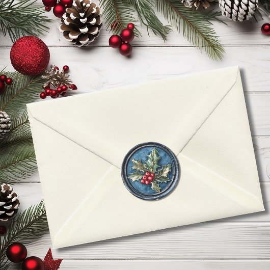 Blauw Hulst Kerst Faux Was Ronde Sticker