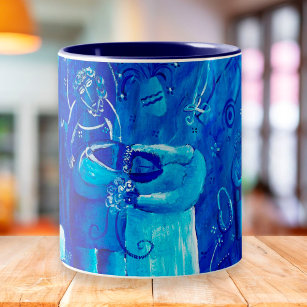 Blauw huwelijk hedendaagse kunst schilderen tweekleurige koffiemok