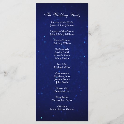 Blauw huwelijksprogramma. Marine nacht winter cere Programmakaart (Achterkant)