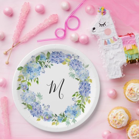 Blauw Hydrangea Aquarel Bloem Monogram Papieren Bordje (Feest)