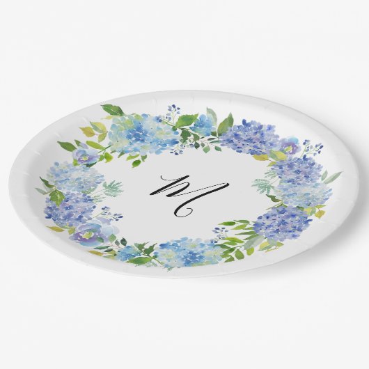 Blauw Hydrangea Aquarel Bloem Monogram Papieren Bordje (Gekanteld)