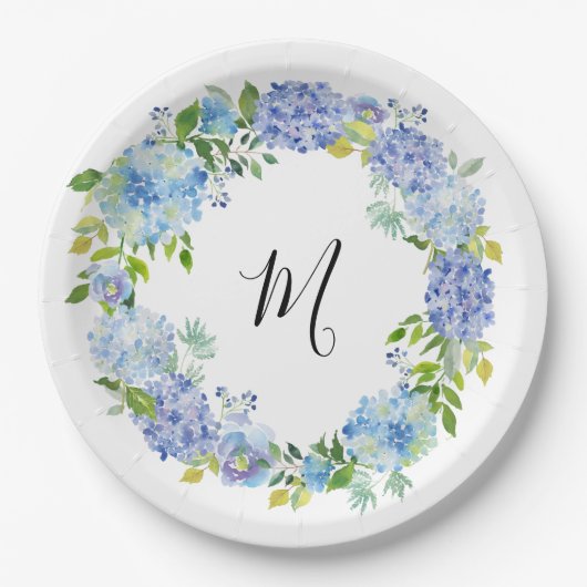 Blauw Hydrangea Aquarel Bloem Monogram Papieren Bordje (Voorkant)