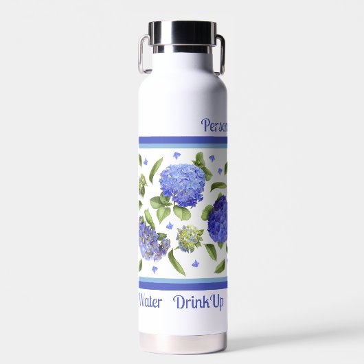 Blauw Hydrangea Bloem Ontwerp Gepersonaliseerd Waterfles (Voorkant)