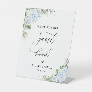 Blauw Hydrangea Bloemachtig Bruidsfeest Gastboek B Reclamebord Met Voetstuk