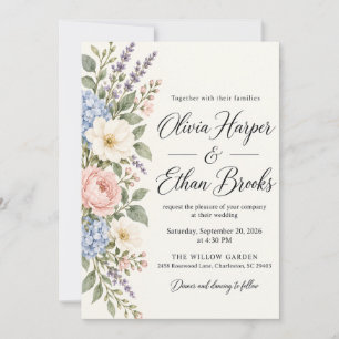 Blauw Hydrangea Blush Bloemen Huwelijksuitnodiging Kaart