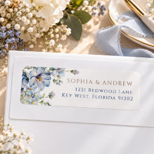 Blauw Hydrangea & Blush Rozen Retouradreslabel Etiket