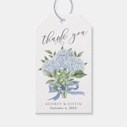 Blauw Hydrangea Boeket Blauw Lint Bruiloft Cadeaulabel (Voorkant)
