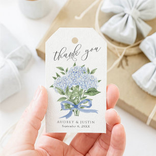 Blauw Hydrangea Boeket Blauwe Lint Bruiloft Cadeaulabel