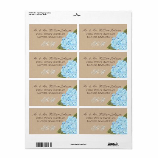 Blauw Hydrangea Boeket Bruiloft Label (Full Sheet)