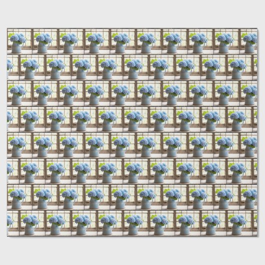 Blauw Hydrangea boeket in venster Cadeaupapier (Vlak)