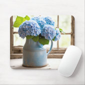 Blauw Hydrangea boeket in venster Muismat (Met muis)