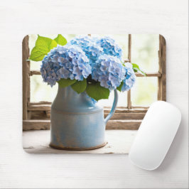 Blauw Hydrangea boeket in venster Muismat