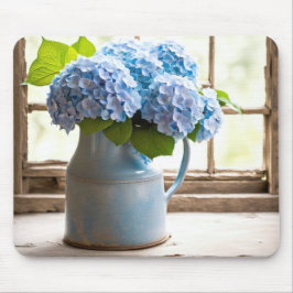 Blauw Hydrangea boeket in venster Muismat