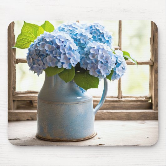 Blauw Hydrangea boeket in venster Muismat (Voorkant)