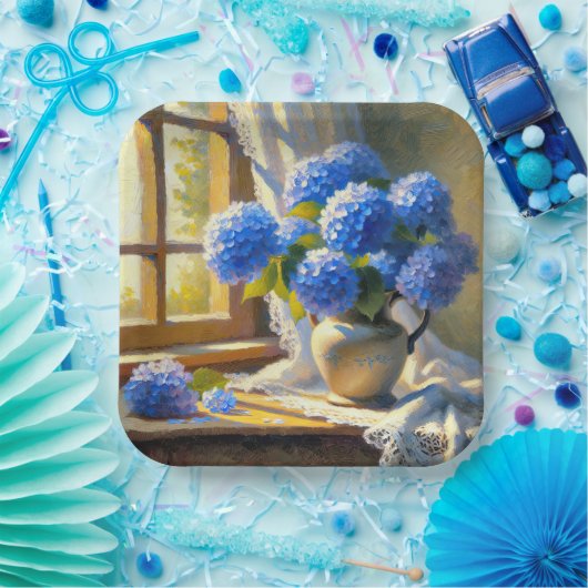 Blauw Hydrangea Boeket Papieren Bordje (Feest)