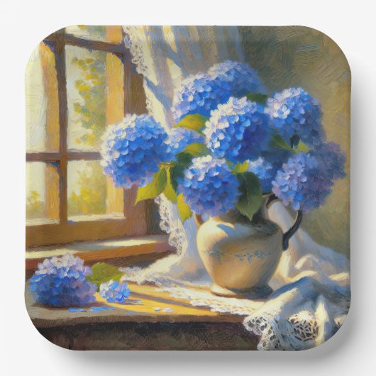 Blauw Hydrangea Boeket Papieren Bordje (Voorkant)