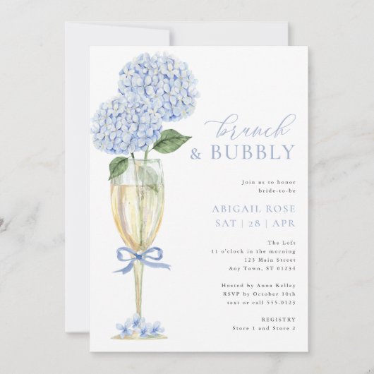 Blauw Hydrangea Brunch en Bubbly Champagne Glas Kaart (Voorkant)
