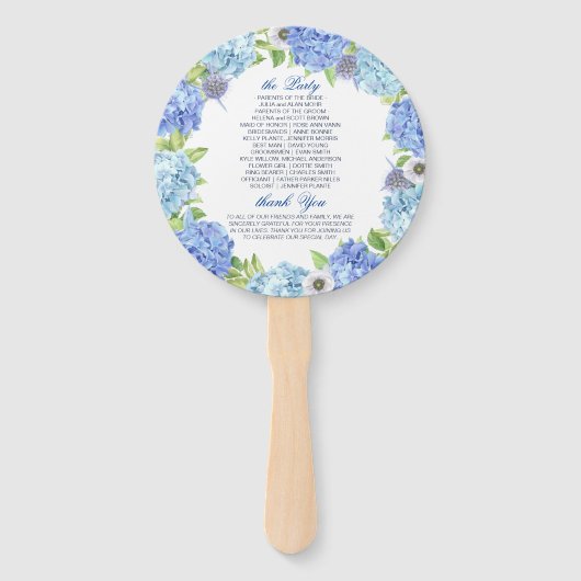 Blauw Hydrangea groen bloemenbruiloft programma Handwaaier (Achterkant)
